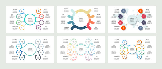 Business infographics. Organization charts with 8 options. Vector templates.