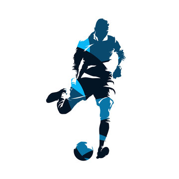 European football player kicking ball, soccer. Isolated vector silhouette. Front view. Team sport