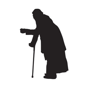 Beggar stands bowed with a cup in his hand, isolated vector silhouette. Side view