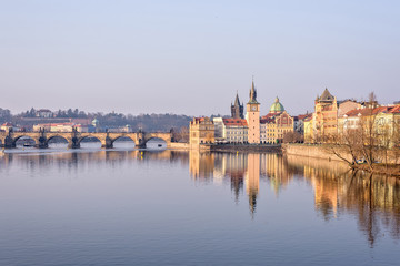 Vltava River, Charles Bridge and famous clocktower