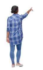 back view of a black African-American woman in a shirt pointing upwards.