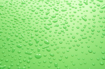 Water drops on green background.Close up of water droplets on green background.