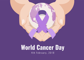 World Cancer Day banner with purple ribbon and world ball on hand holding vector design