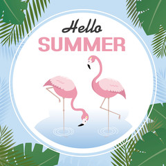 tropical card to welcome the summer. Flamingos with palm leaves