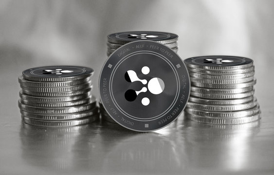 AELF (ELF) crypto currency. Stack of black and silver coins. Cyber money.