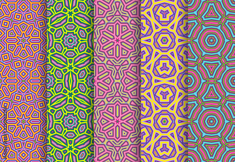 Poster festive colorful seamless patterns package.
