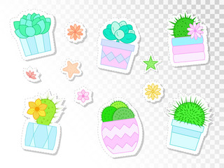 Vector set of stickers with cacti and succulents in flower pots.