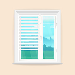 Illustration with window in realistic style and the rustic landscape outside the window.