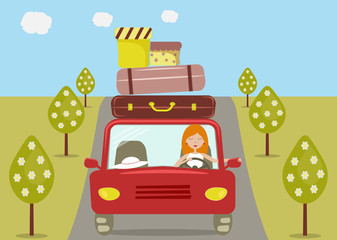 Naklejka premium Beautiful cartoon girl is driving a red car. She is going to vacation. There are a few suitcases and boxes on the roof of car. Road, trees, clouds. Vector illustration