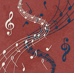 Stave and notes on red background.