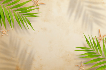 Top view of palm leaves with shade and starfish on beach sand background. Flat lay. Travel concept,...