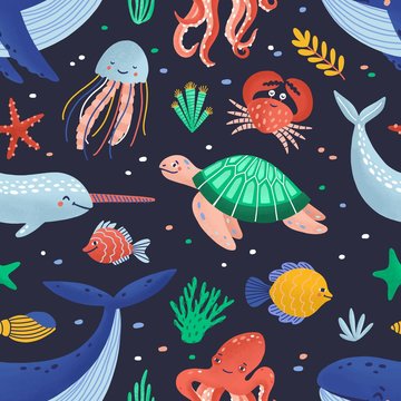 Seamless pattern with cute funny marine animals or happy underwater creatures living in sea. Ocean fauna. Flat cartoon childish vector illustration for textile print, wrapping paper, wallpaper.