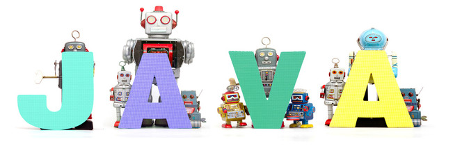 retro tin robot toys hold up the word  JAVA isolated