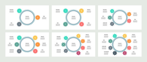 Business infographics. Organization charts with 3, 4, 5, 6, 7, 8 steps, options, gears. Vector templates.