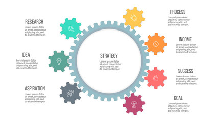 Business infographics. Organization chart with 7 steps, options, gears. Vector template.