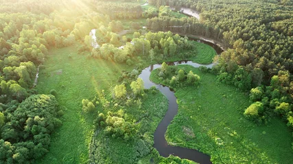 Crédence de cuisine en verre imprimé Photo aérienne Vue aérienne du drone-rivière dans la forêt