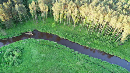 Aerial view from drone- river in the forest