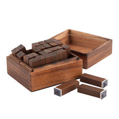 Wooden box with stamps isolated