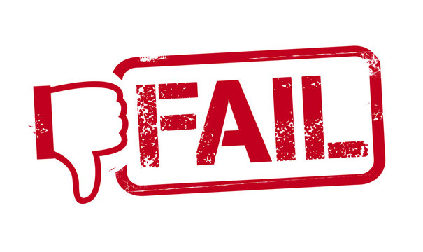 Vector illustration of the word Fail in red ink stamp with thumb down symbol