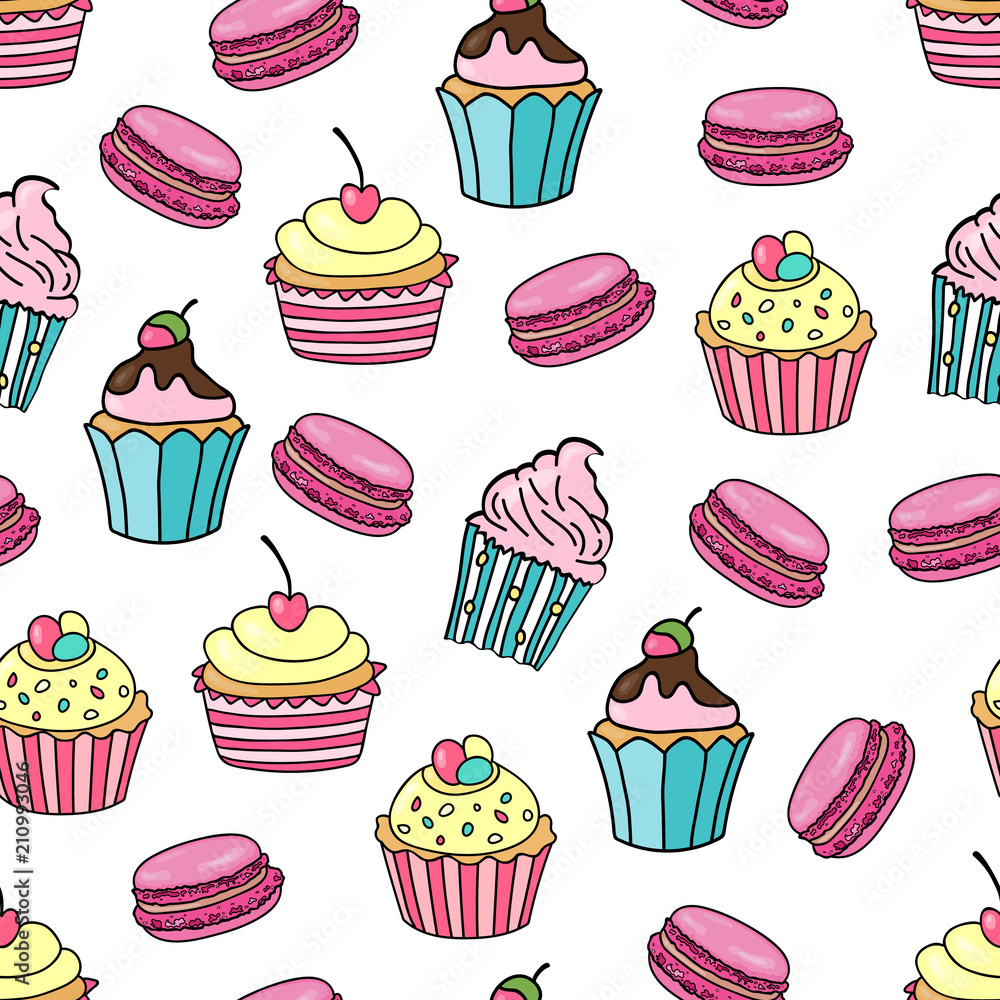 Poster cupcake and macaroon background. seamless pattern with different cupcakes and macaroon on white back
