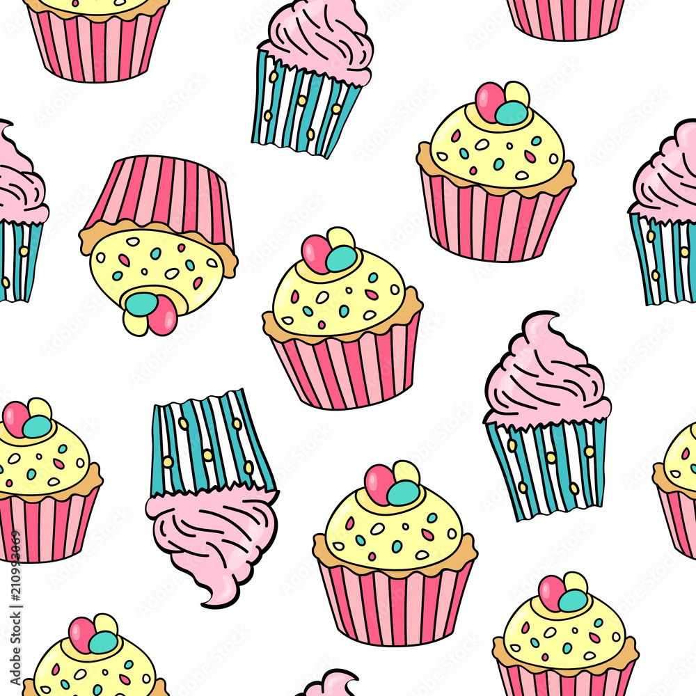 Poster seamless pattern with different cupcakes on white background. cupcake background. sweet pattern for 
