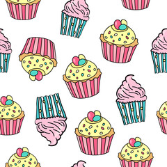 Seamless pattern with different cupcakes on white background. Cupcake background. Sweet pattern for wedding, birhday, greetings cards, web, print. Vector illustration