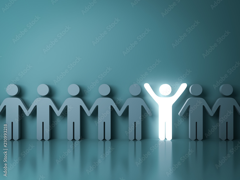 Poster Stand out from the crowd and different creative idea concepts One glowing light man standing with arms wide open among other people on dark green background with reflections and shadows. 3D rendering.
