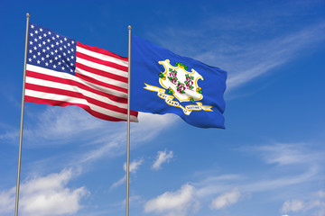 USA and Connecticut flags over blue sky background. 3D illustration