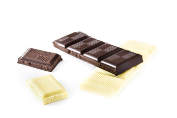 Black and white chocolate bars isolated on white background