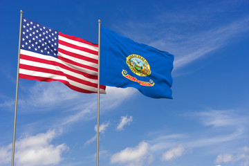 USA and Idaho flags over blue sky background. 3D illustration