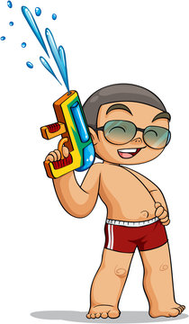 Kid Playing Water Gun Vector Illustration