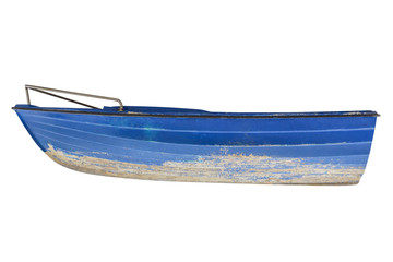 blue wooden fishing boat isolated on white background