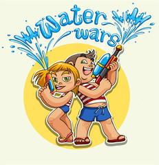 kid playing water gun vector illustration