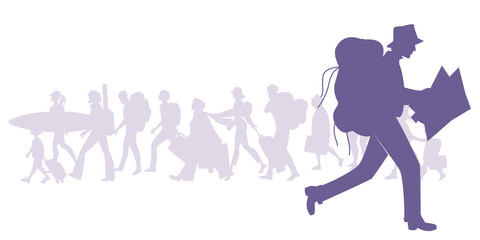 Silhouette of man with backpack running and looking at a map. Group of diverse travelers in the background