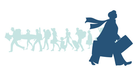 Silhouette of middle-aged woman with long scarf in the wind carrying two suitcases. Group of diverse travelers in the background