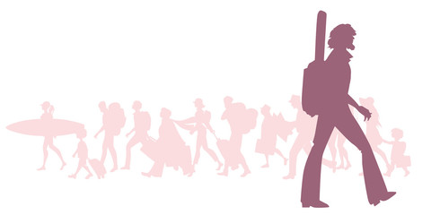 Silhouette of adventurous bearded traveler with a guitar behind his back. Group of diverse travelers in the background