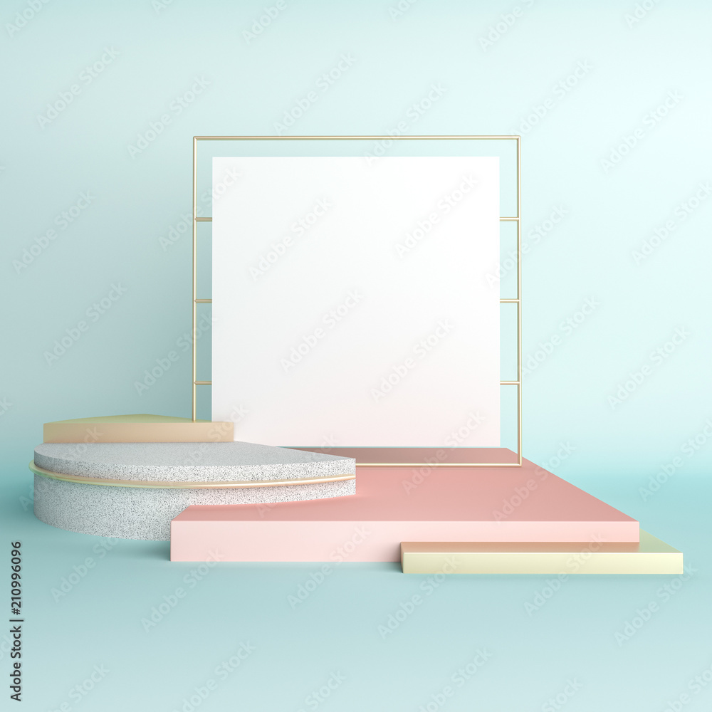 Poster 3d rendered illustration with geometric shapes. pastel colors platforms for product presentation. wh