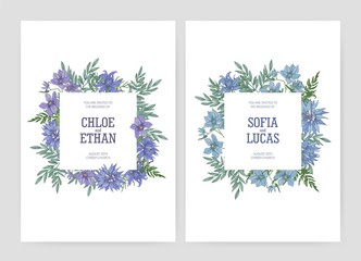 Bundle of elegant floral wedding invitations with beautiful blooming nigella and clematis flowers and place for text. Set of cards decorated with flowering herbs. Hand drawn vector illustration.