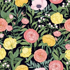 Elegant floral seamless pattern with blooming wild floristic flowers and meadow flowering herbs on black background. Botanical realistic vector illustration for wallpaper, textile print, backdrop.