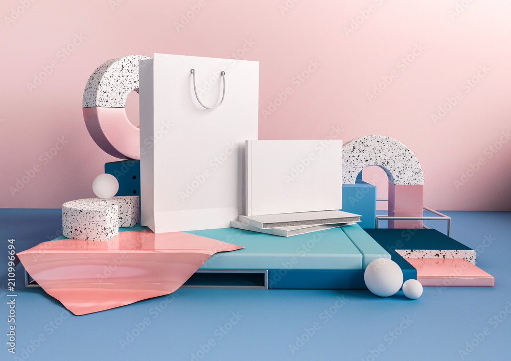 Poster 3d render business mock up interior. white paper bag and book with empty space for branding. soft pi