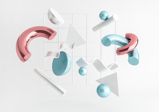 3d render realistic primitives composition. Flying shapes in motion isolated on white background. Abstract theme for trendy designs. Spheres, torus, tubes, cones in metallic blue and pink colors. © Berezovska Anastasia