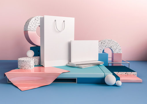 3d render business mock up interior. White paper bag and book with empty space for branding. Soft pink and blue composition of primitives. Geometric shapes in trendy design illustration.