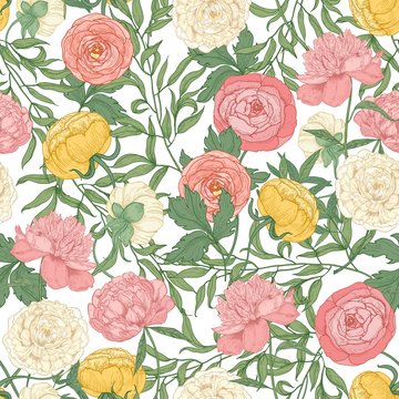 Botanical seamless pattern with gorgeous blooming tulips, peonies and ranunculus flowers on white background. Floral realistic vector illustration in vintage style for textile print, wallpaper.