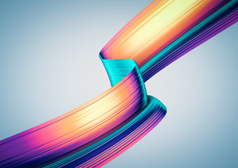 3D render abstract background. Colorful 90s style twisted shapes in motion. Iridescent digital art for print or web poster, banner, design element. Holographic foil ribbon with ribbed texture.