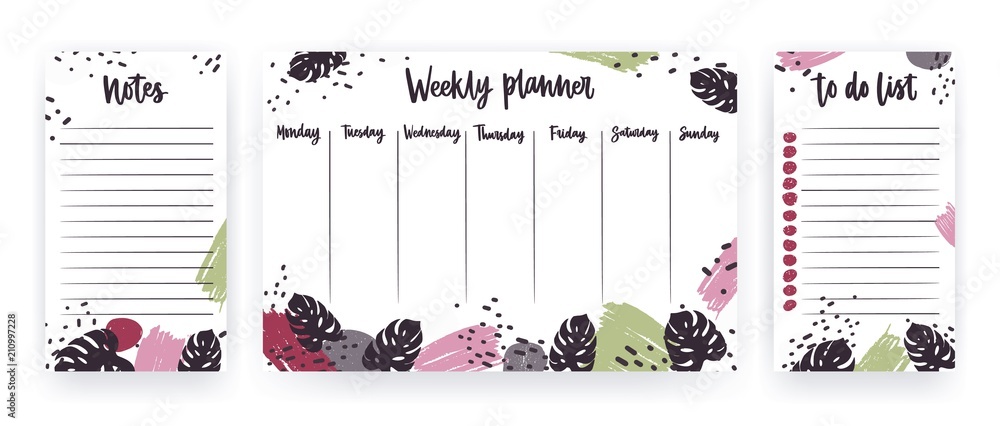 Poster weekly planner with weekdays, page for notes and to do list templates decorated with abstract brush 
