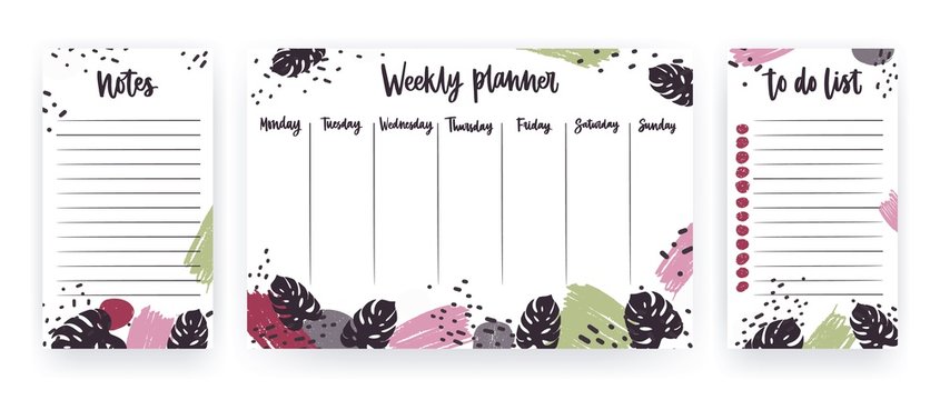 Weekly planner with weekdays, page for notes and to do list templates decorated with abstract brush strokes and exotic monstera leaves. Modern scheduler, bullet journal. Vector illustration.