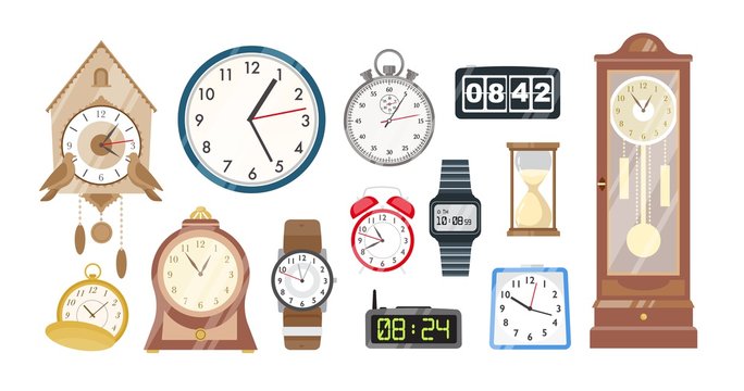 Collection of mechanical and electronic clocks, watches and hourglass isolated on white background. Set of devices to to measure indicate time. Colorful vector illustration in flat cartoon style.