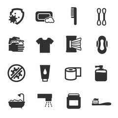 Hygiene, monochrome icons set. Keeping clean, simple symbols collection