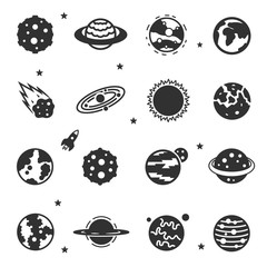 Astronomical, space bodies monochrome icons set. Stars, planets, galaxy, asteroid and more, simple symbols collection. © Matsabe