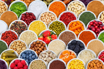 Früchte Beeren Gemüse Obst Nüsse Gewürze Hintergrund Zutaten von oben